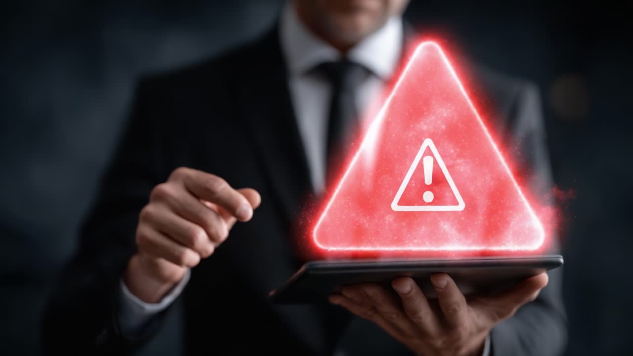 A business professional interacts with a digital tablet displaying a glowing red warning symbol, emphasizing urgent alerts in a modern technological environment