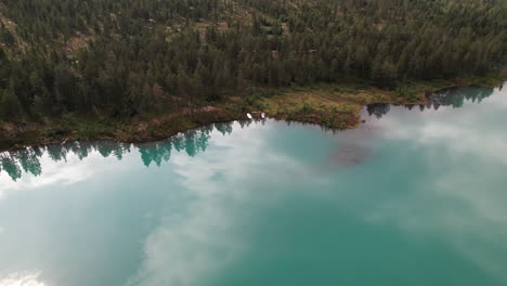 stunning aerial view of a teal, turquoise lake with a beautiful coastline in norway, trees reflecting on the calm water, norwegian forest, scandinavia