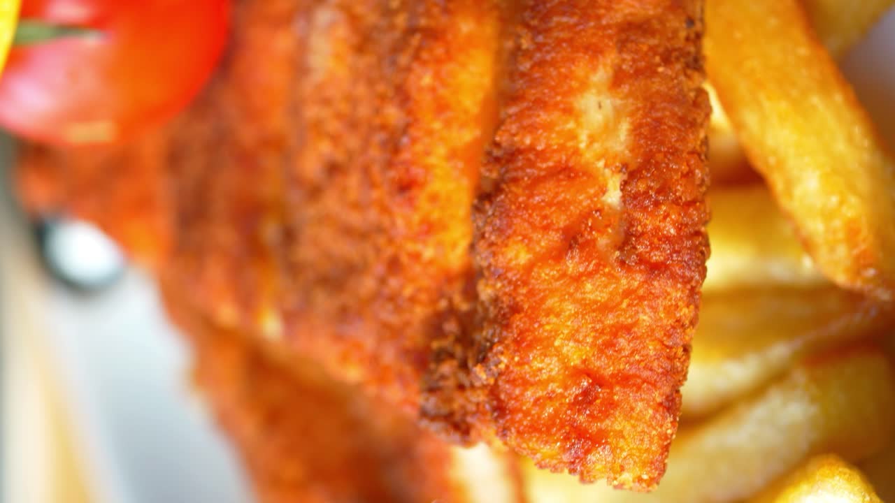 fotografía de cerca de pescado frito crujiente y papas fritas con guarnición de tomate y limón