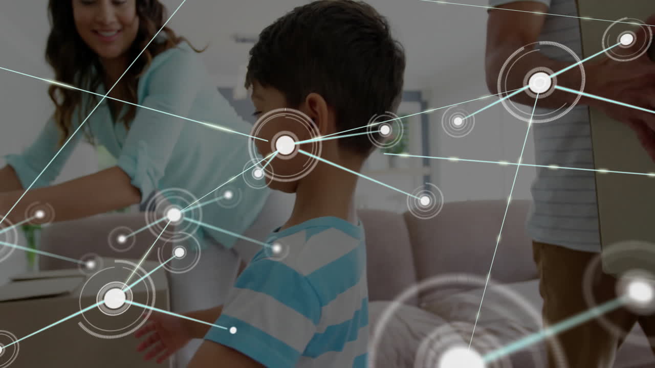 연결 네트워크와 데이터 처리 애니메이션을 거실에서 가족을 통해