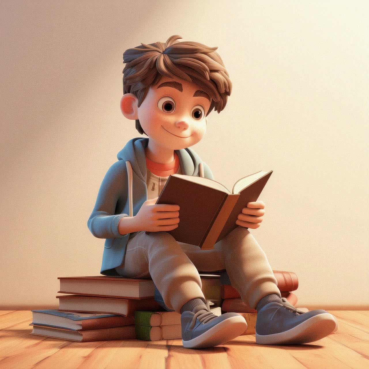 3D animated boy reading on a stack of books, shot from a low angle