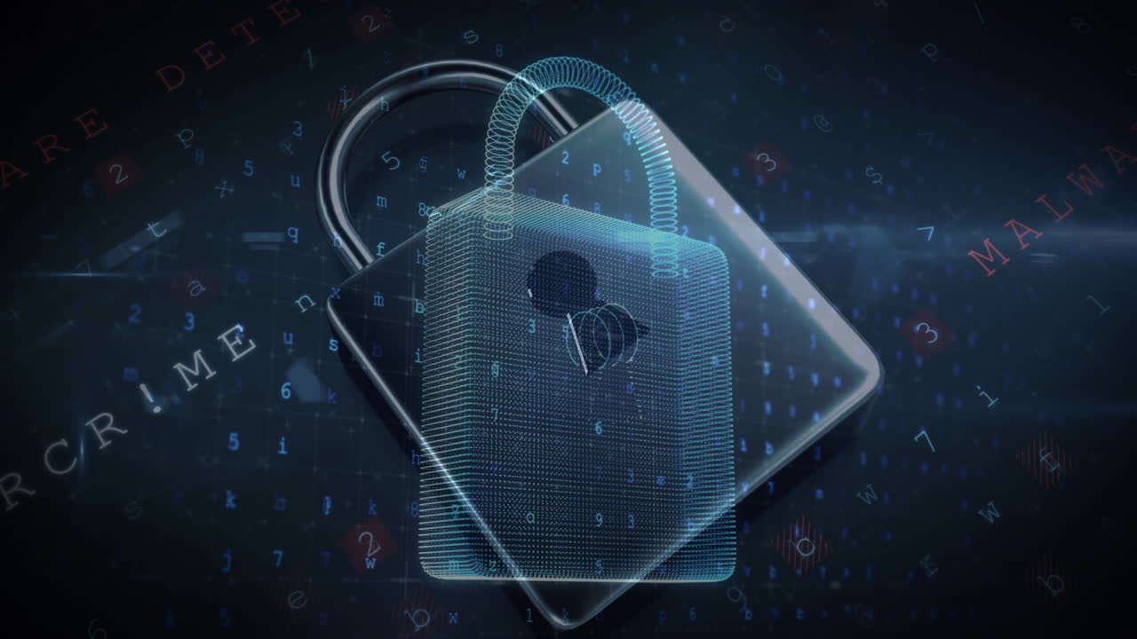 Animation of changing numbers and letters over online security padlock