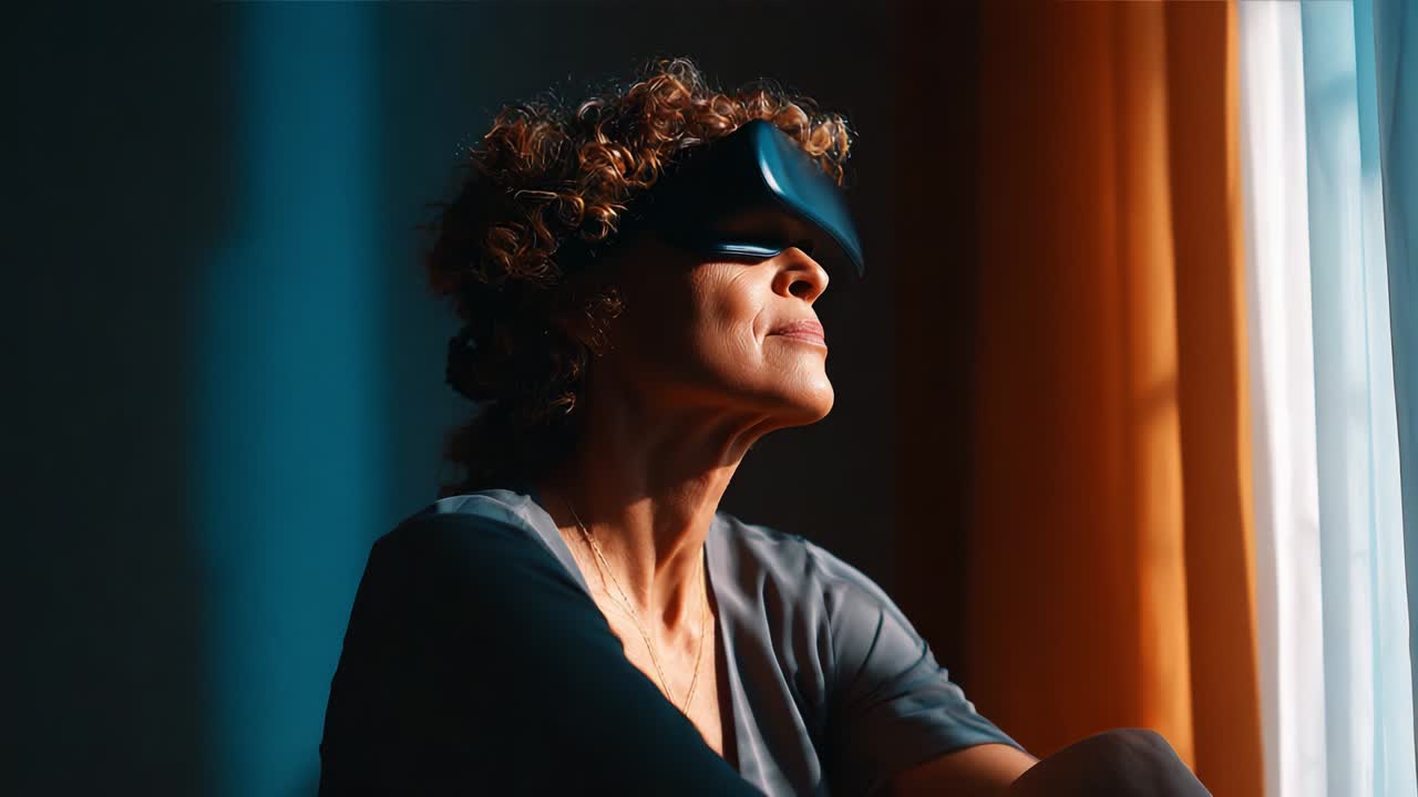 A contemplative moment captured as a woman engages with virtual reality technology, exploring new dimensions of imagination and experience while enjoying the serene play of light from the window