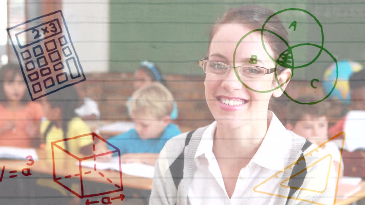 iconos del concepto de la escuela contra la maestra sonriendo