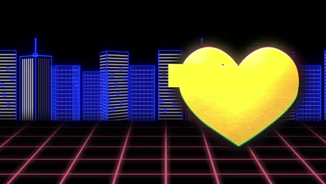 digital animation of yellow broken heart icon 3d city model against black background