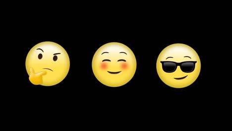 Animación-Digital-De-Emojis-De-Pensamiento,-Rubor-Y-Cara-Con-Gafas-De-Sol-Sobre-Fondo-Negro