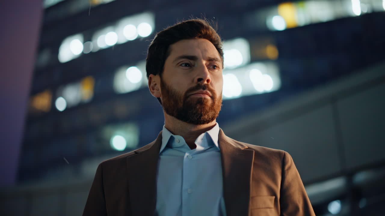 Night businessman thinking decision standing dark street portrait. Pensive ceo