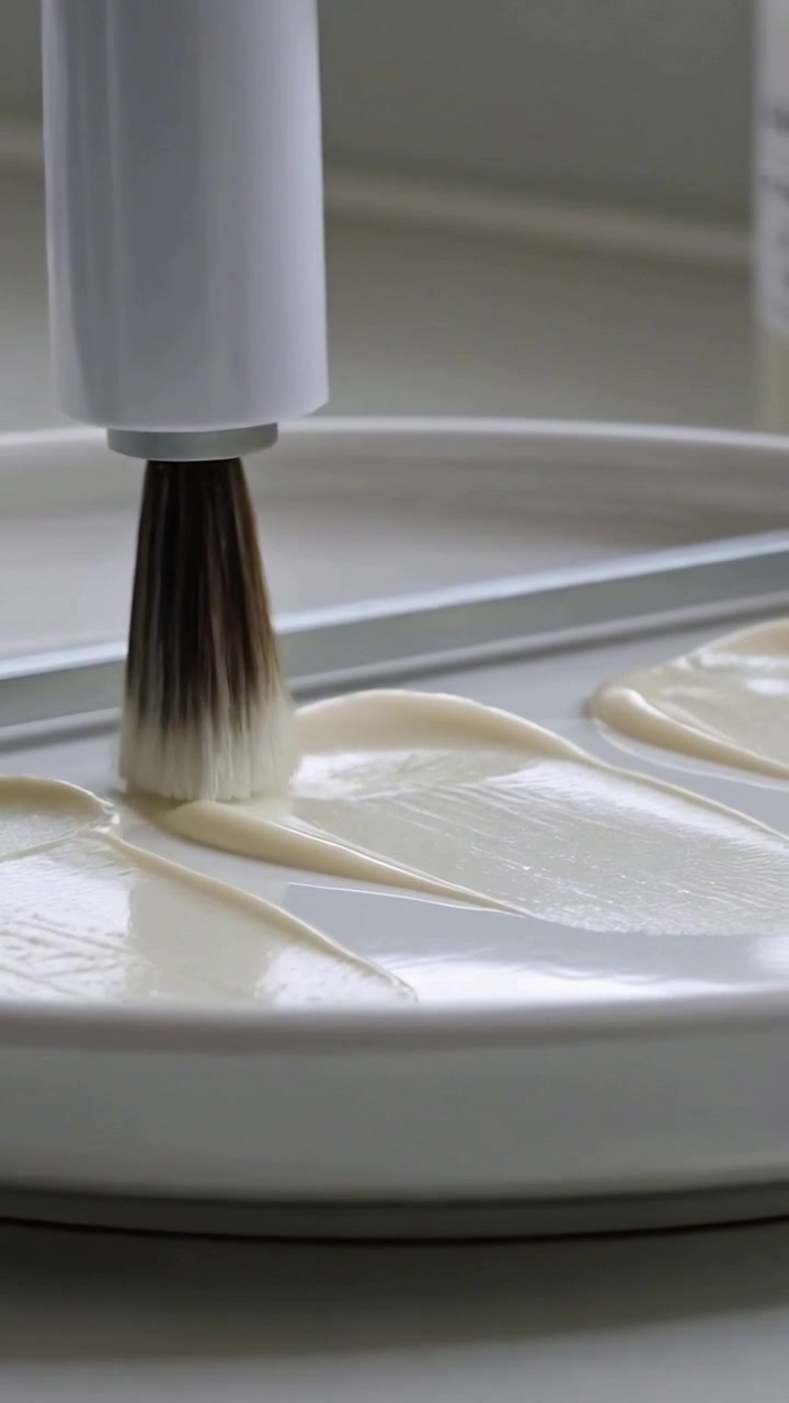Vertical video: Lowering hand from top with brush spreading cream on plate by tile sill, blending