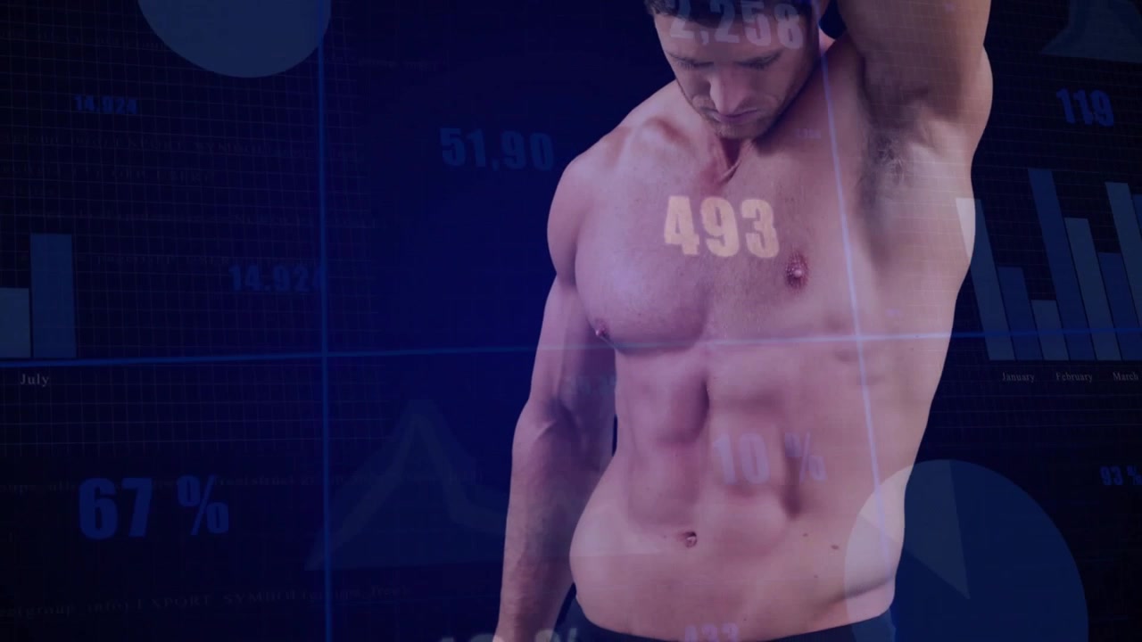 Modella fitness che abbassa il braccio alzato dopo uno spostamento di peso, con grafici animati che evidenziano gli addominali.