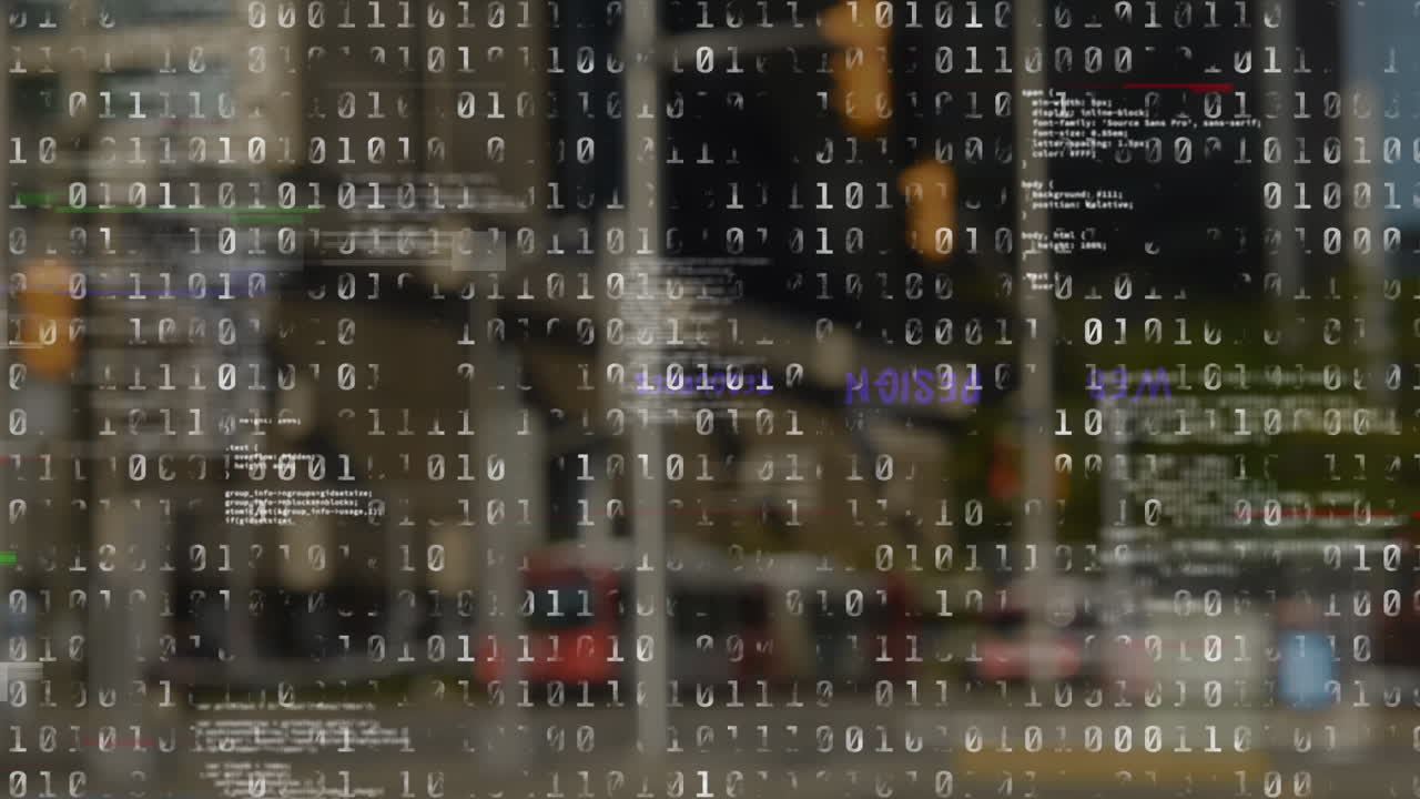 animatie van binaire codering en gegevensverwerking over niet-focus stadsbeeld