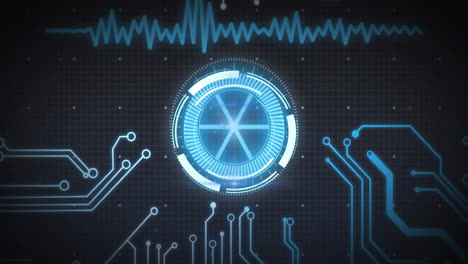 animación de la placa de circuitos y la interfaz digital sobre el fondo de la cuadrícula con forma de onda