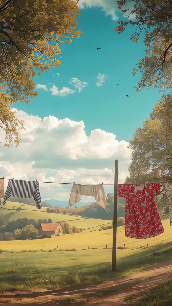Video verticale: tre indumenti che ondeggiano su un palo di legno e una corda attraverso il campo mentre inizia una leggera brezza