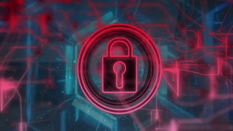 animación del icono del candado de seguridad y los rastros de luz contra el túnel de neón en un patrón sin costuras