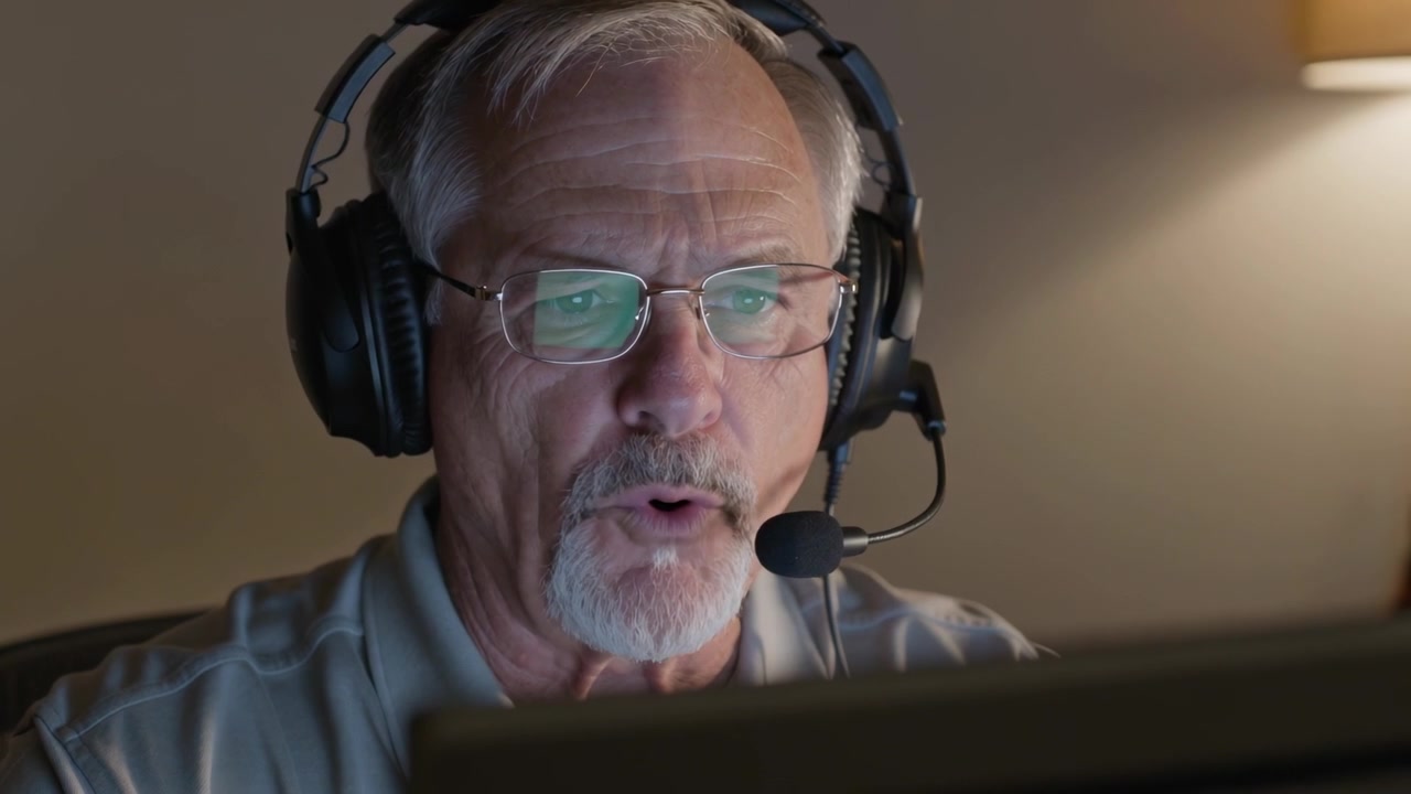 Getting incoming call, senior man wearing headset speaking and listening at home desk for meeting
