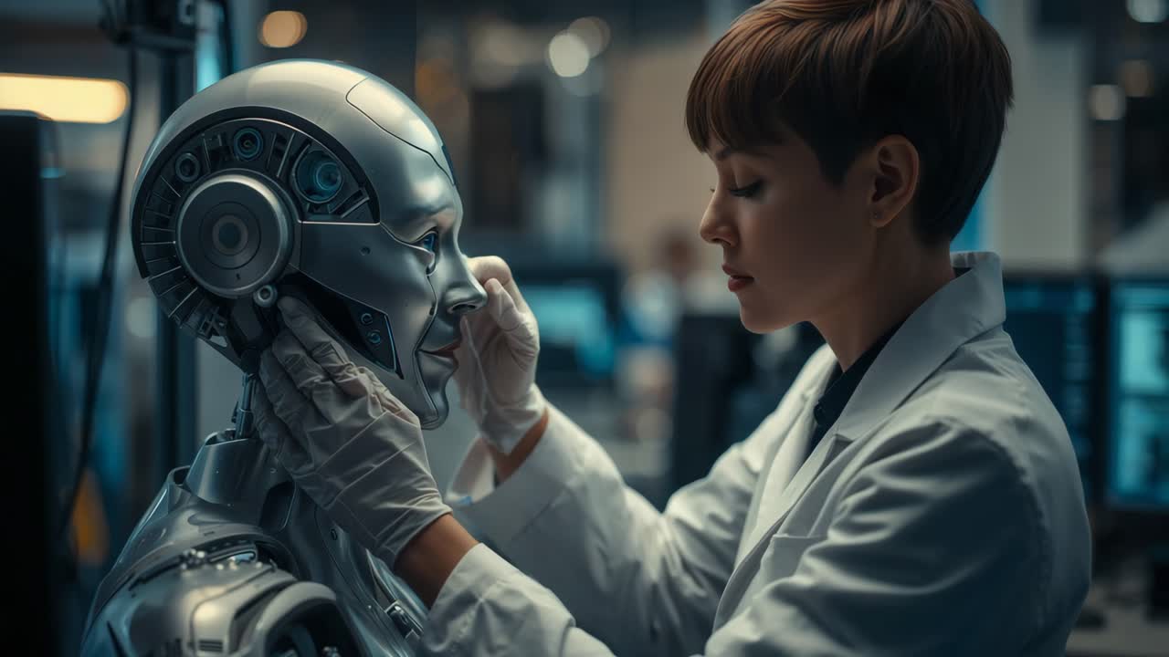 Scientist examining a humanoid robot in a laboratory