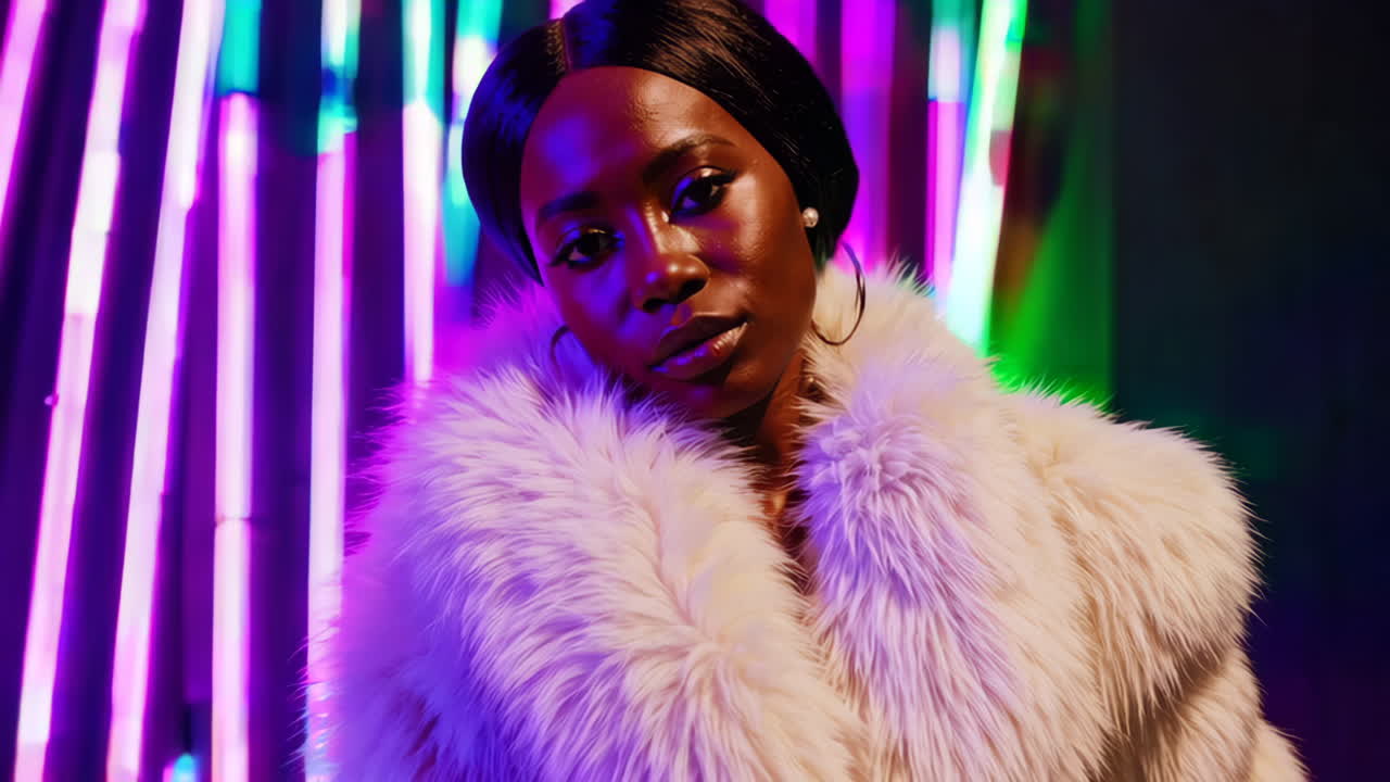 Donna elegante in pelliccia bianca su sfondo di luci al neon vivaci