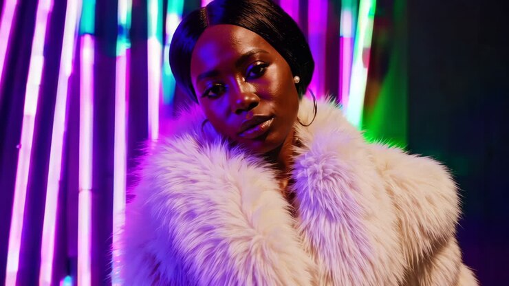 Donna elegante in pelliccia bianca su sfondo di luci al neon vivaci