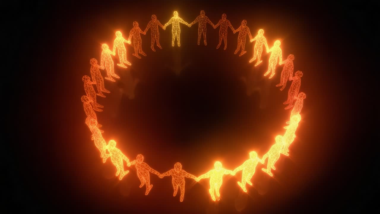 A Vibrant Circle of Unity: Emerging Figures Create a Stunning Enchantment of Light and Movement as They Hold Hands in a Mesmerizing Circular Formation, Signifying Connection and Harmony in Motion