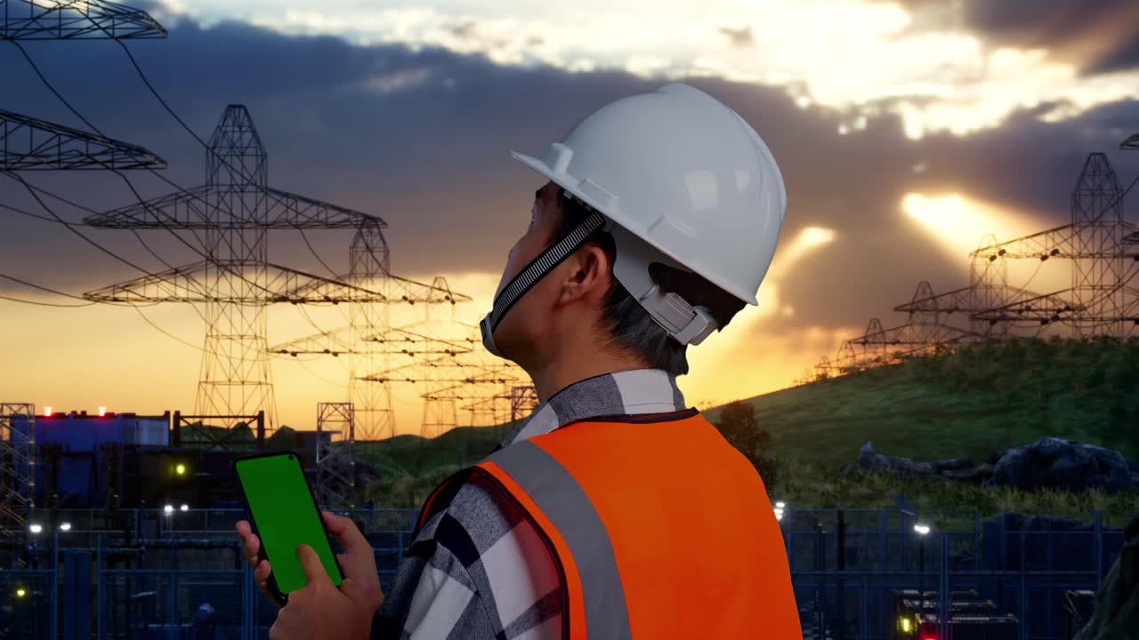 Close Up Back View Of Asian Male Engineer With Safety Helmet Working On A Green Screen Smartphone And Looking Around While Standing Near High Voltage Tower