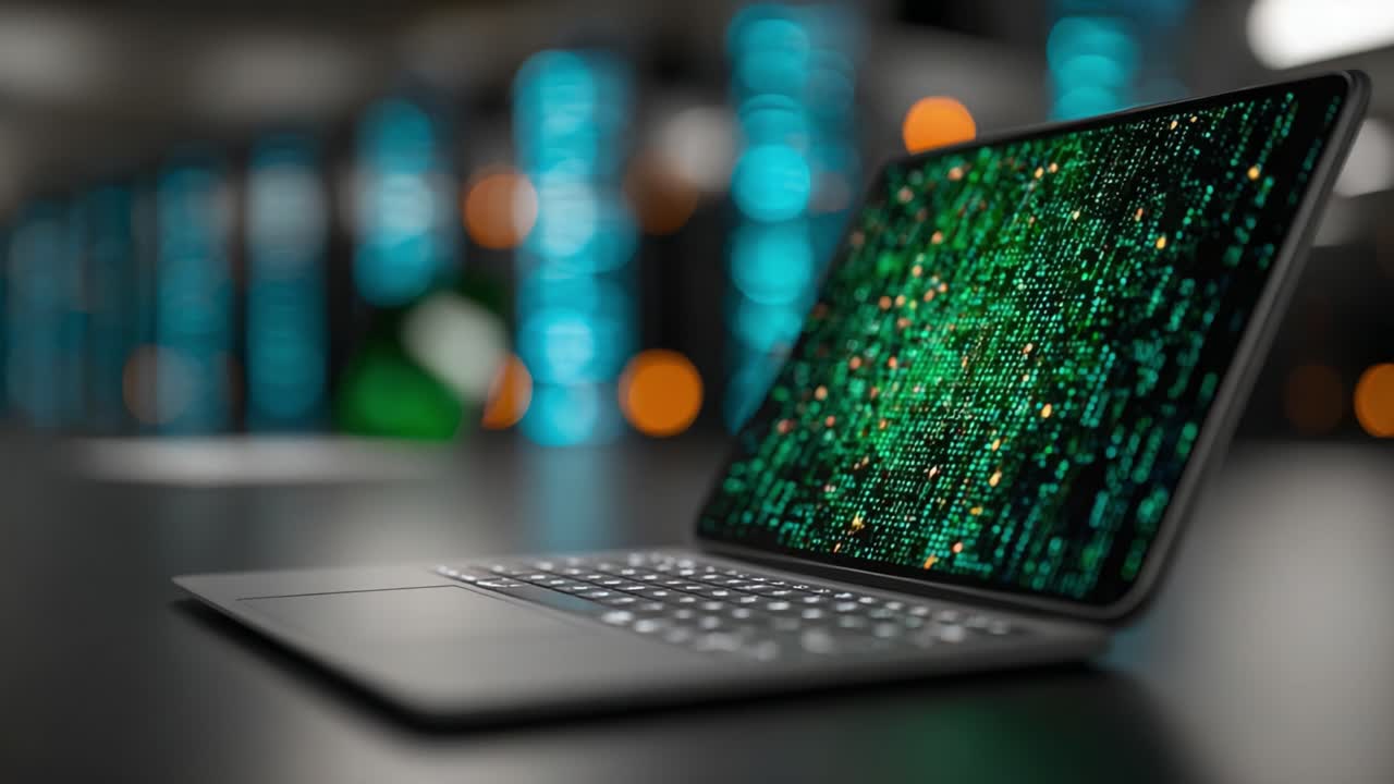 A sleek laptop displays a mesmerizing digital matrix of green data streams, enhancing the high-tech atmosphere of a modern data center filled with illuminated servers