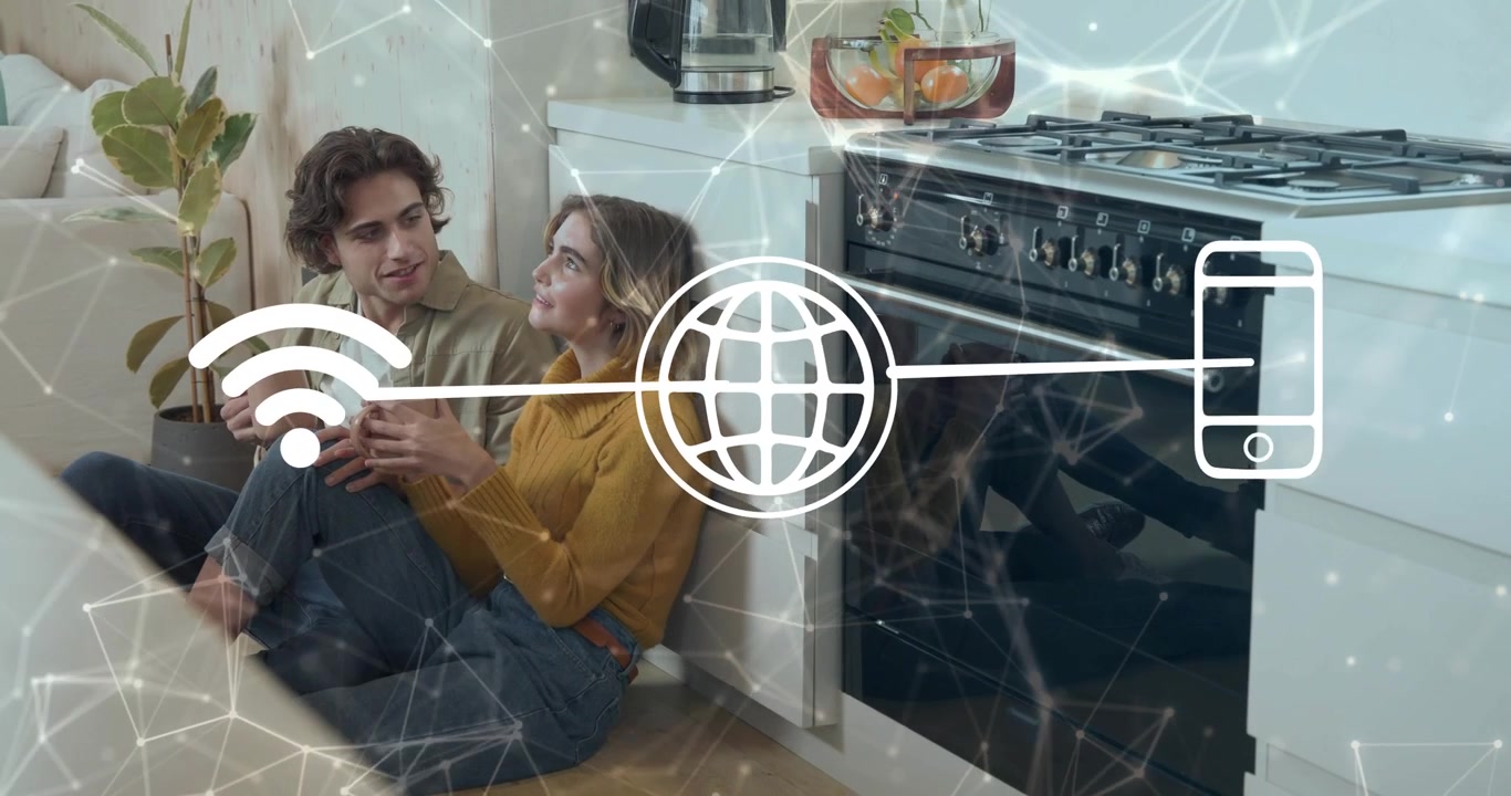 Uomo che tocca il telefono attiva icone animate di globo Wi-Fi per la configurazione di internet mentre una donna sorseggia caffè.