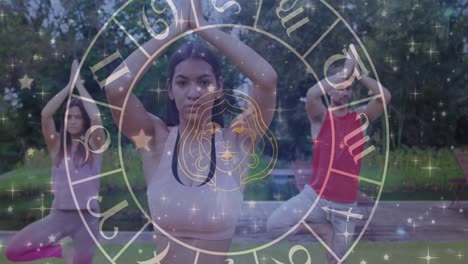 animación de la rueda del zodiaco del horóscopo sobre diversas personas que practican yoga