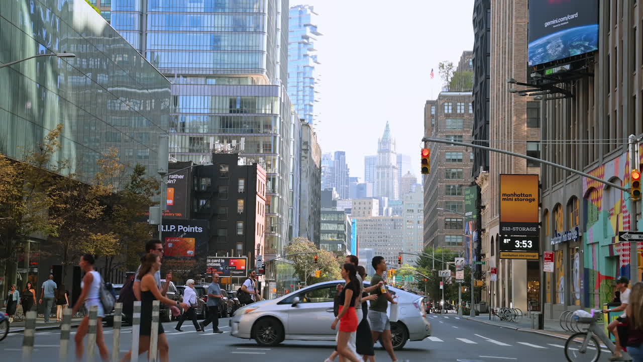 New York, USA, 9 August 2025: Busy Manhattan street near Holland Tunnel entrance. View of cars and pedestrians on Manhattan streets near the entrance to the Holland Tunnel leading to New Jersey