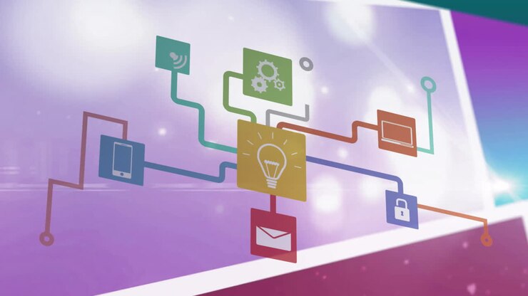 Technology icons connected by lines, network communication animation over purple background