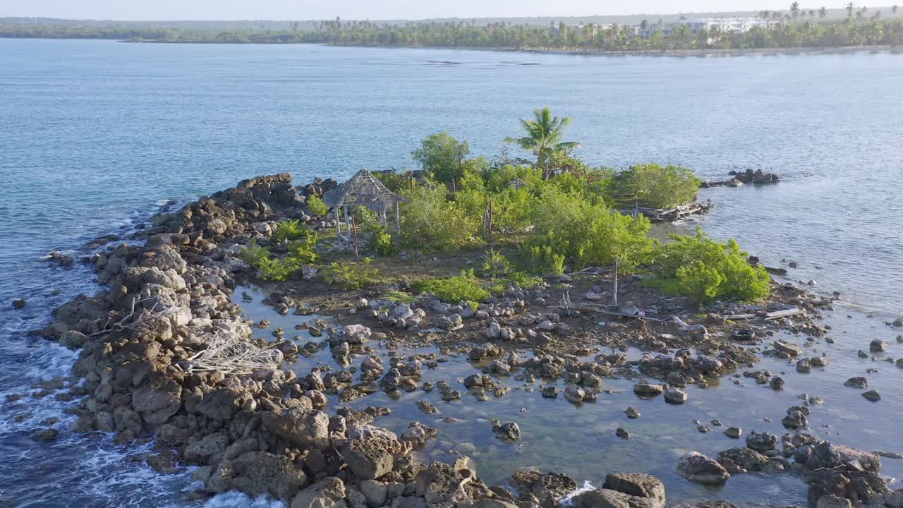 Ilmakuva kalliosaaresta, jolla kasvaa kasveja Playa Nueva Romanassa auringonvalossa Dominikaanisen tasavallan saarella