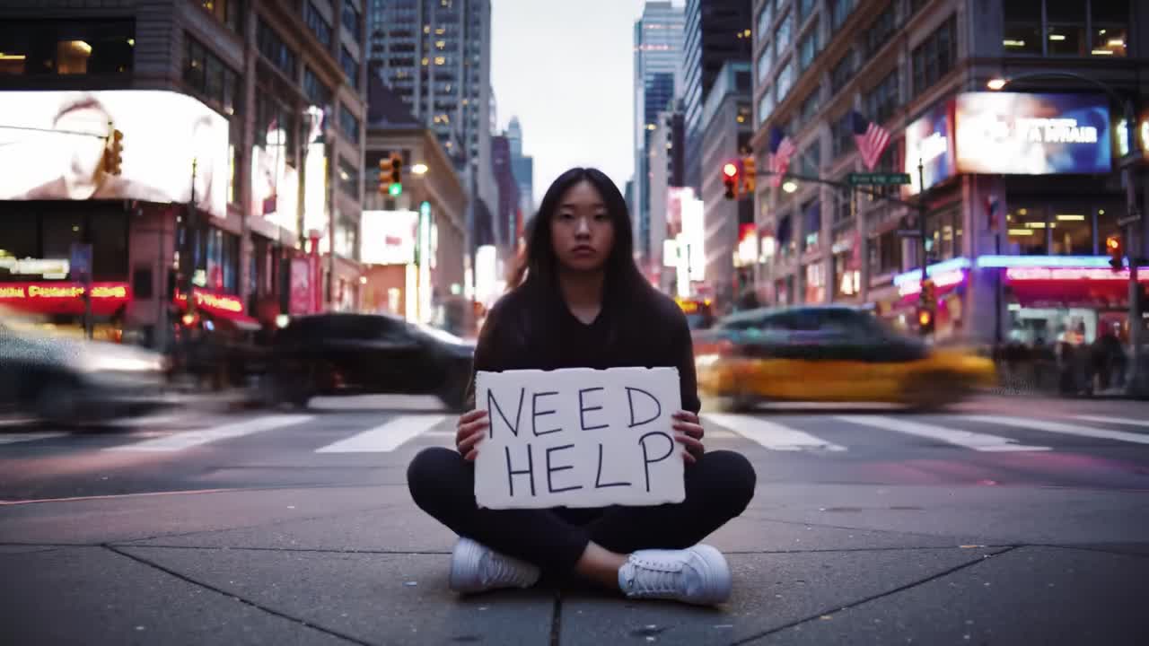 A young individual sits cross-legged on a city street at dusk, holding a sign that reads Need Help. City lights and traffic surround the person, emphasizing urban challenges.