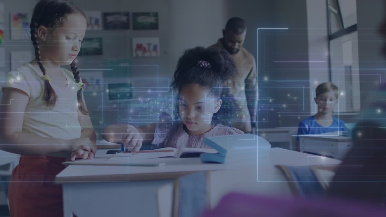 Standing girl tapping classroom textbook page activating data overlays and guiding classmate