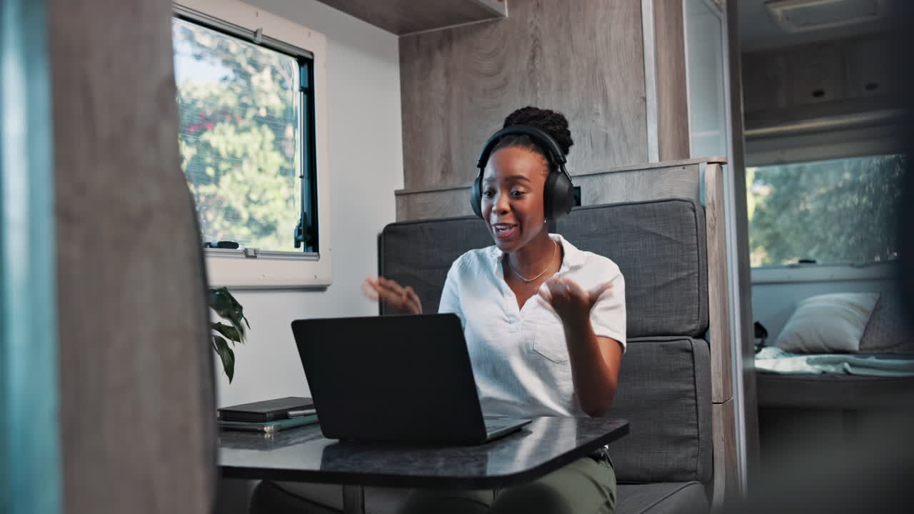 Happy Woman on Video Call in Camper Van