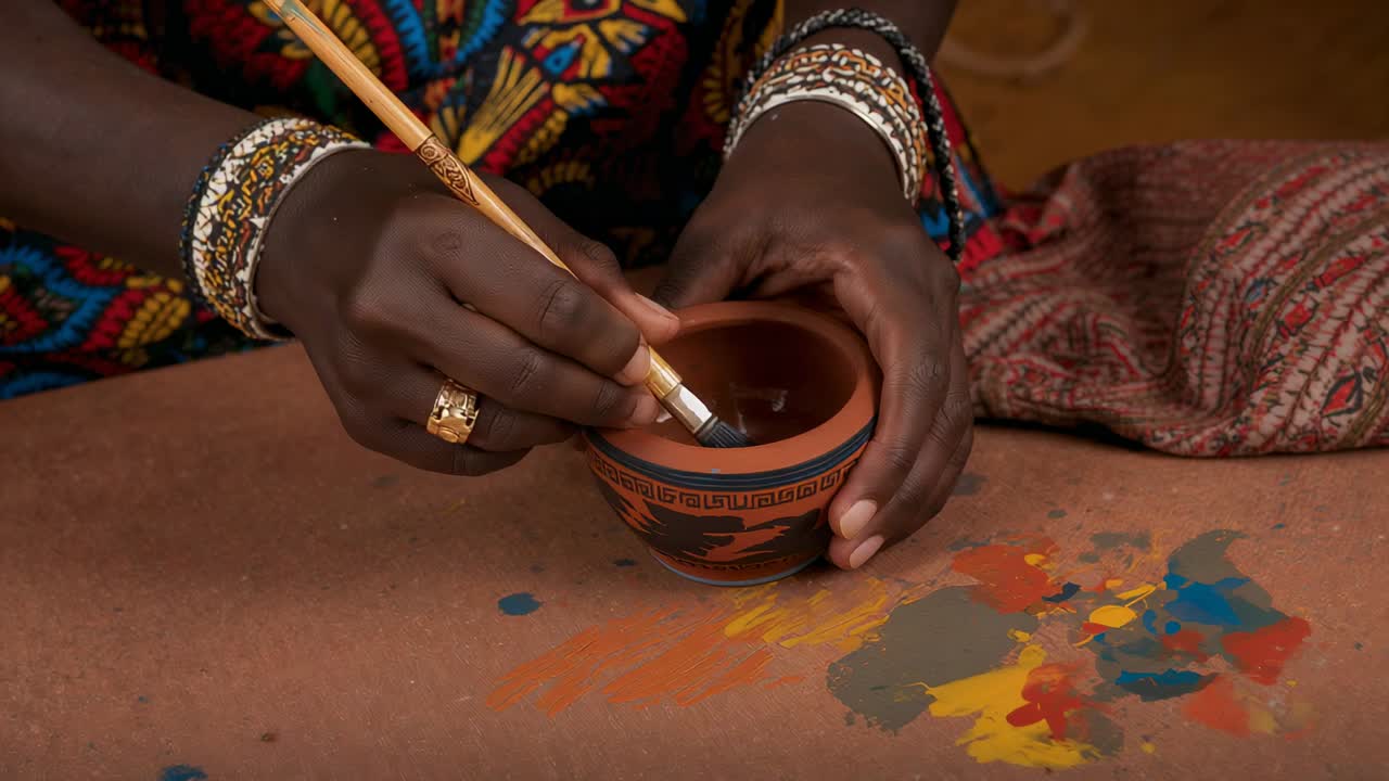 Bringing brush artisan hands painting bowl interior for sealing at bench with palette bright cloth