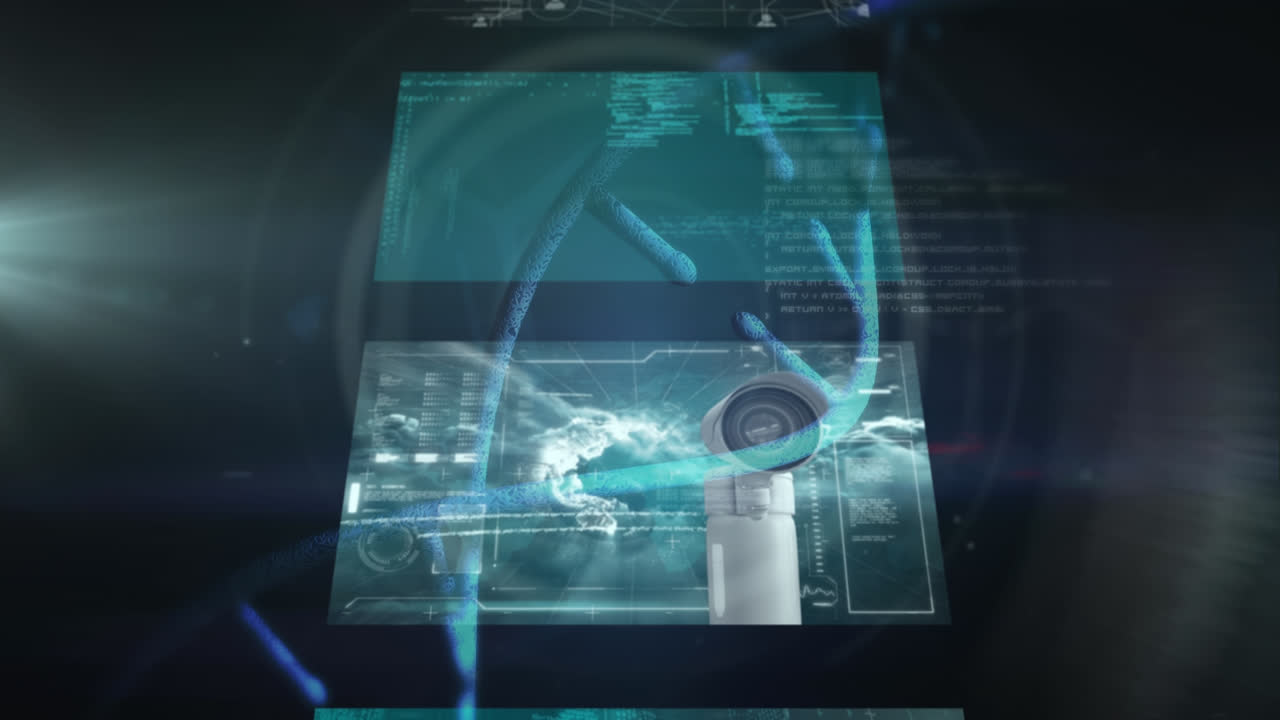 검은색 배경에 있는 dna 줄의 애니메이션과 데이터 처리