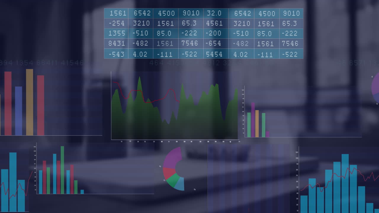 animazione dell'elaborazione dei dati statistici contro un ufficio vuoto