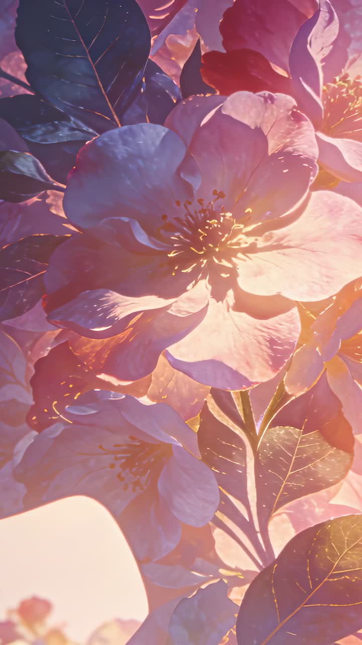 Video verticale: La luce solare cangiante riscalda un fiore rosa in primo piano nel cortile, mostrando stami e venature delle foglie.