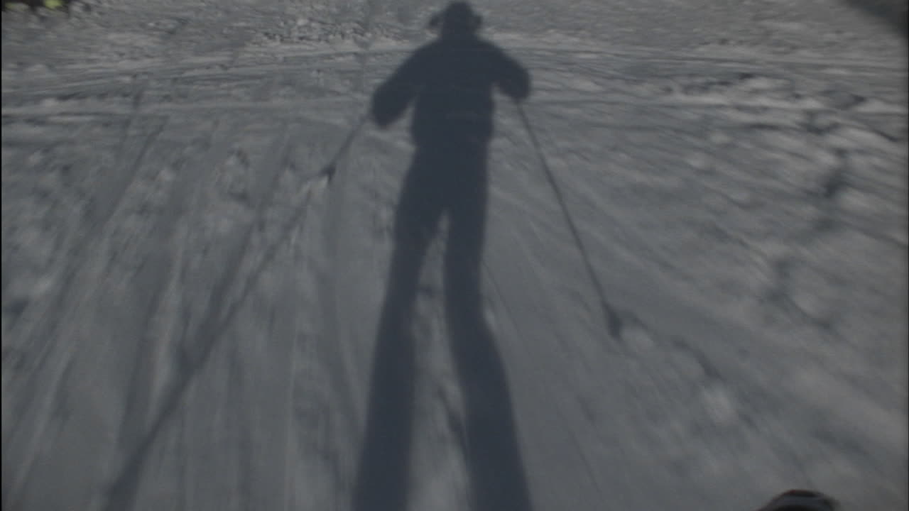 스키어의 그림자가 그를 앞질러 언덕을 내려간다