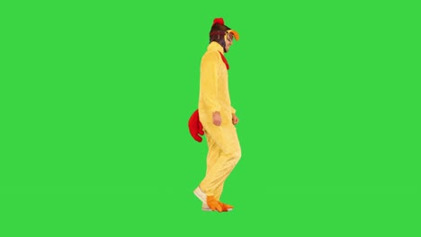 funny guy in animal costume walks, seemingly tired but satisfied on a green screen, chroma key