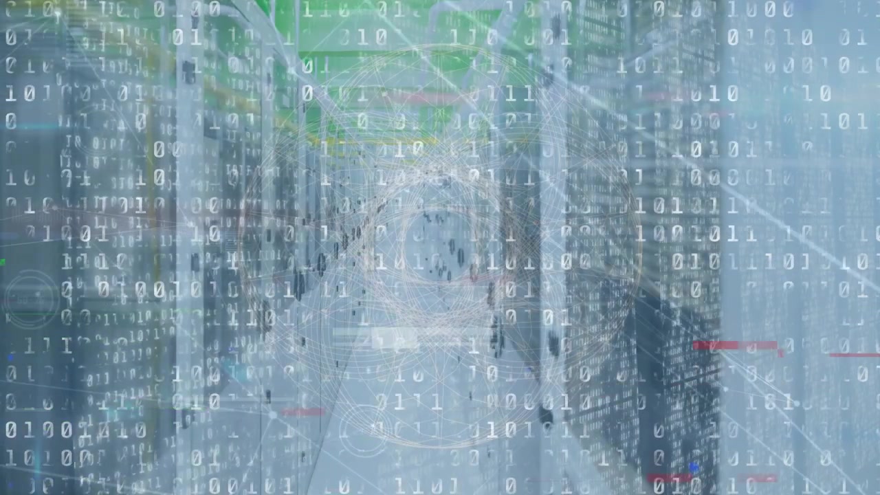 Animazione di elaborazione dati su colonne viola a filamento e server informatici.