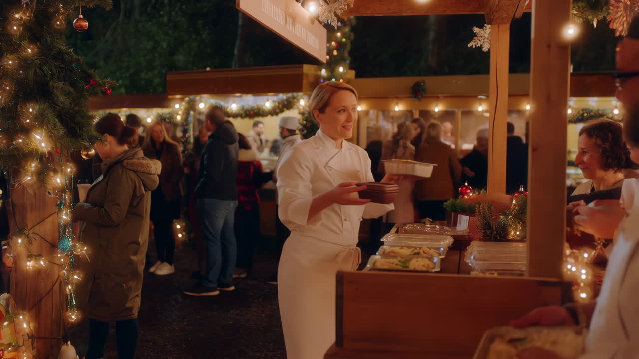 A Chef Serves Food at a Lively Christmas Market