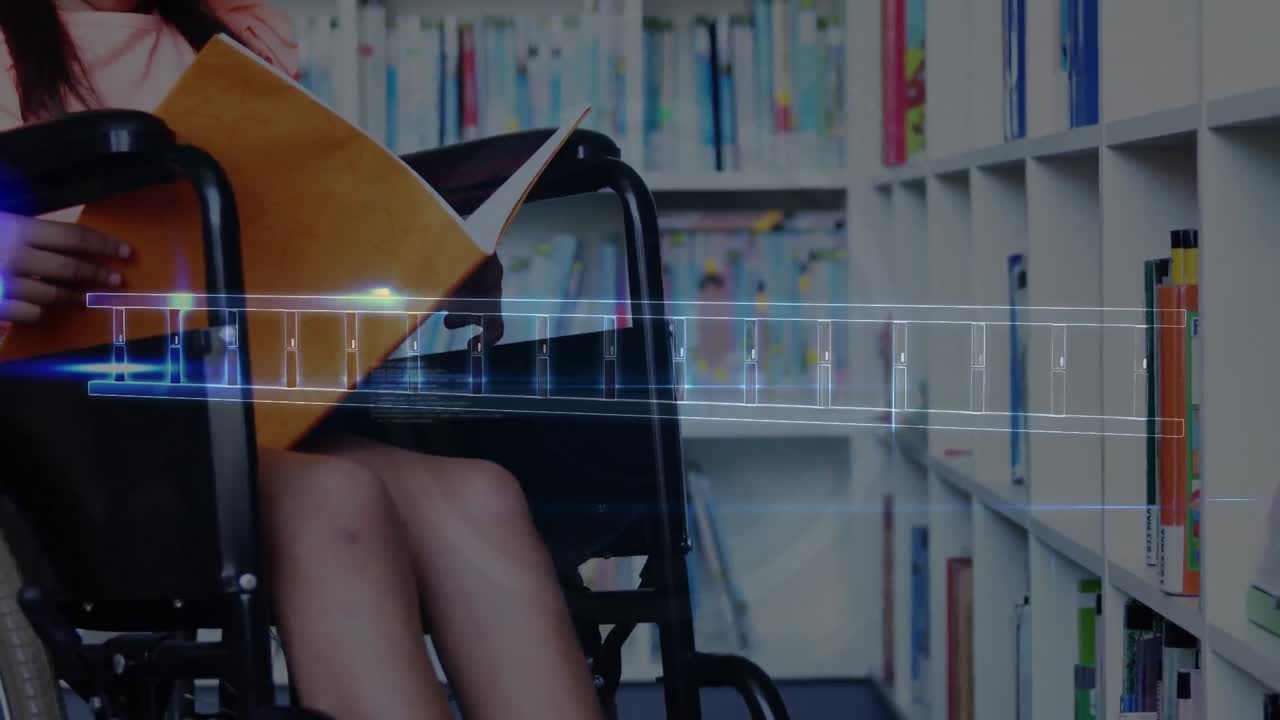 animación de una cadena de adn sobre una colegiala caucásica discapacitada que aprende en la biblioteca