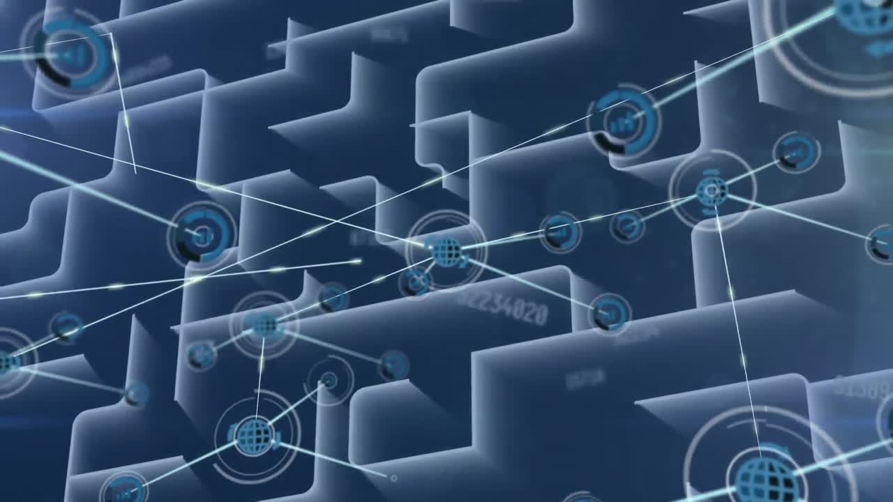 animación de redes de conexiones y procesamiento de datos sobre líneas blancas sobre fondo negro