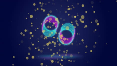 animación de anillos rosados y azules giratorios y manchas de luz amarillas que caen sobre un fondo oscuro