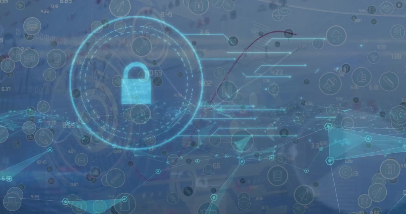 Security padlock icon and network of digital icons over financial data processing on blue background
