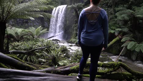 girl standing in front of waterfall admiring in the forest