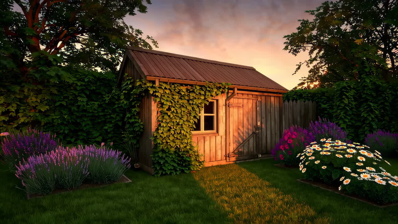 Idyllic Garden Shed Surrounded by Flowers at Sunset