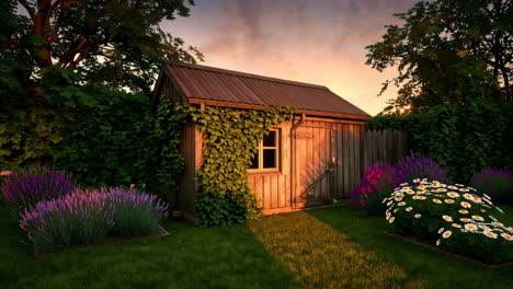 idyllic garden shed surrounded by flowers at sunset