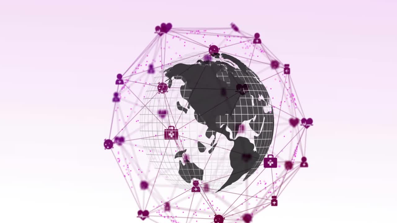 animación digital de un globo de iconos médicos sobre un globo giratorio contra un fondo blanco
