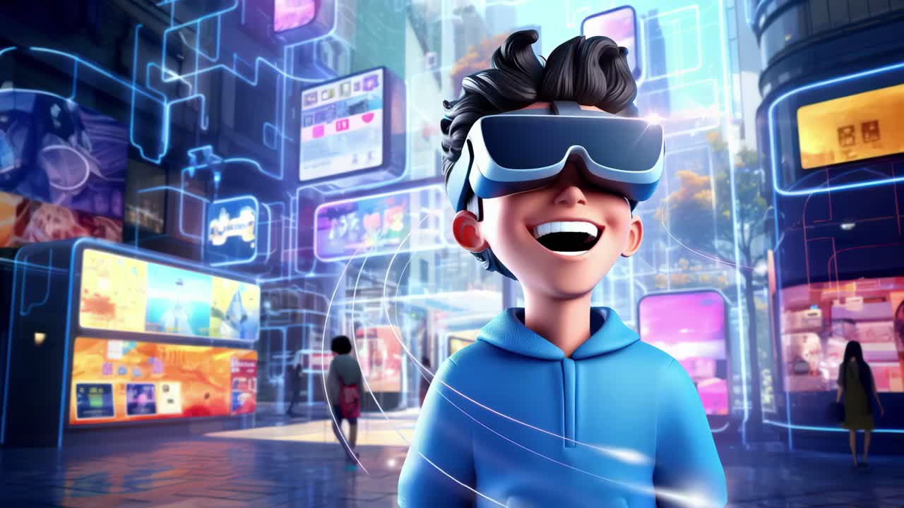 A vibrant, futuristic cityscape with a young person in VR gear, viewed from a low angle