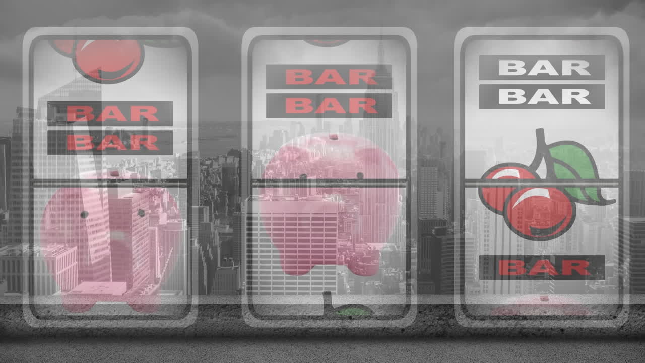 도시 풍경 위의 카지노 과일 기계의 애니메이션